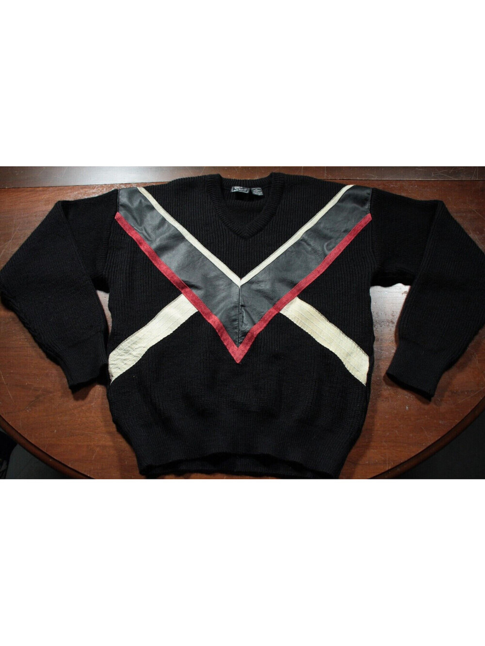 Vintage 80s 90s Alan Stuart Sweater Leather Wool Acrylic Abstract S